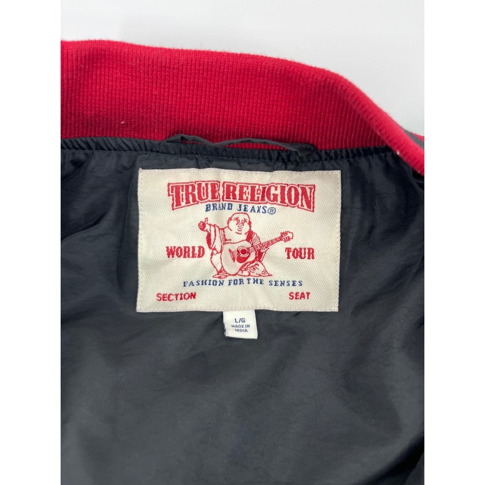 True Religion Varsity Jacket Mens Large Black Red Patchwork Bomber 02 Letterman - Picture 7 of 9